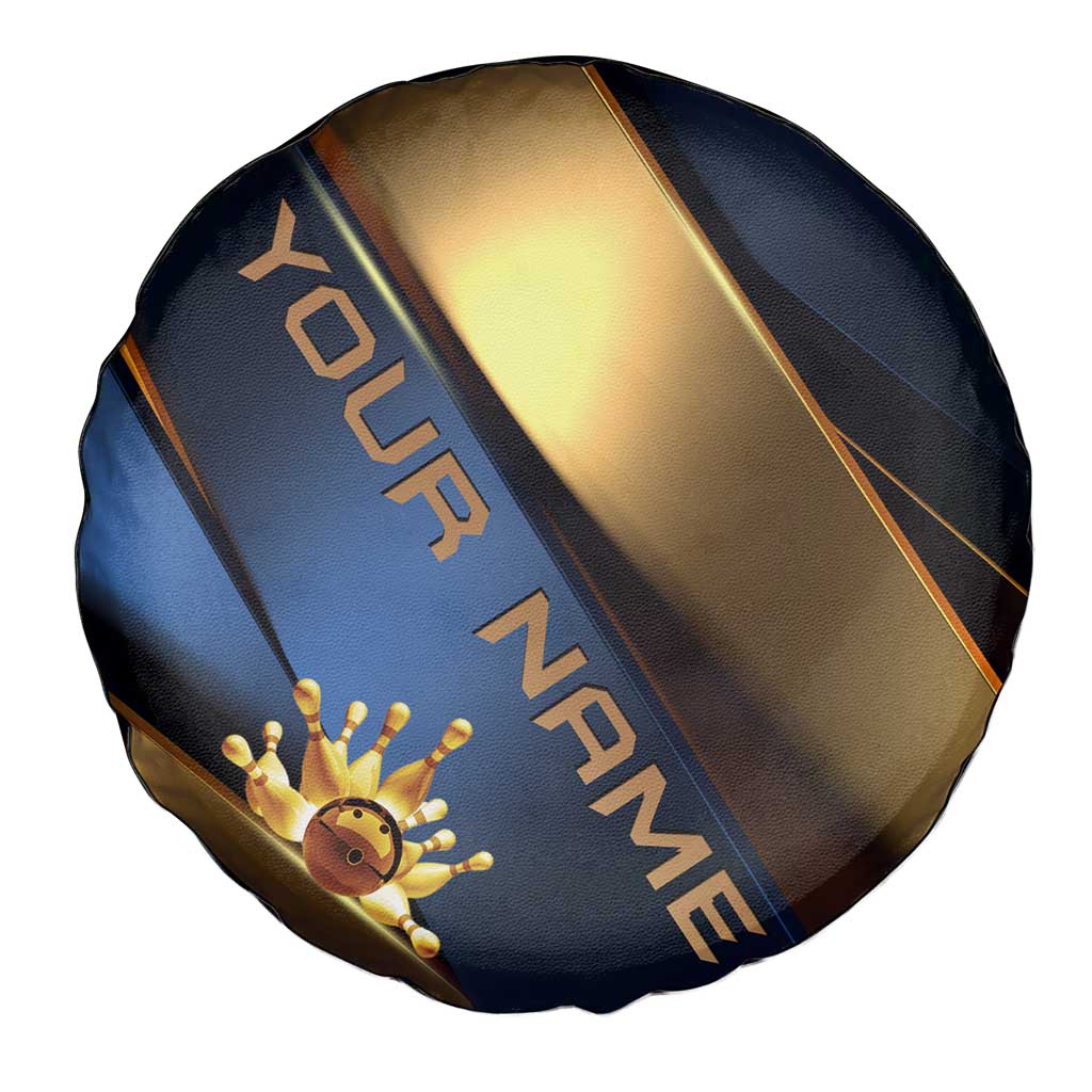 Angry Bowling Ball and Pins Spare Tire Cover with Blue and Gold Metallic Stripe Graphic Design - Wonder Print Shop