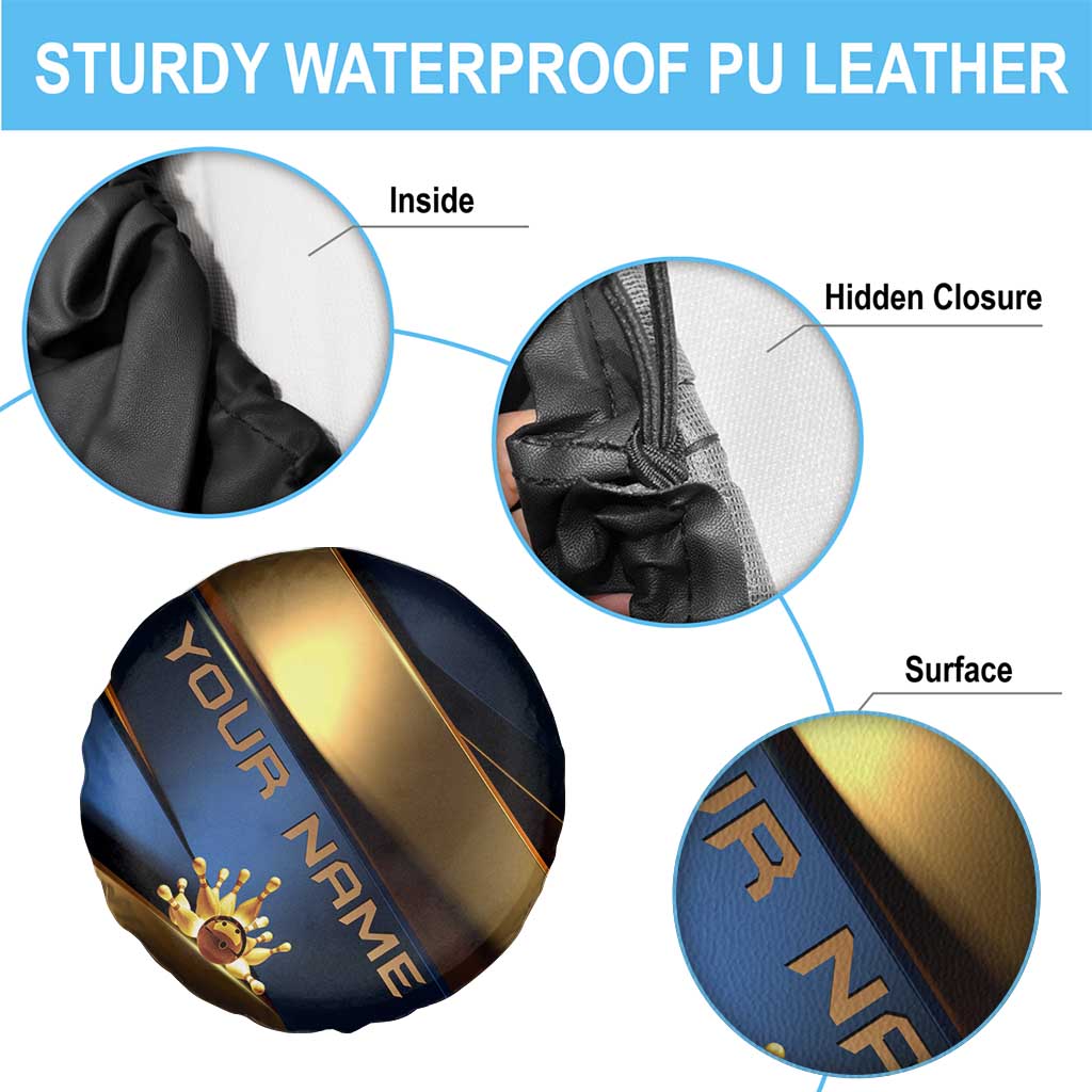 Angry Bowling Ball and Pins Spare Tire Cover with Blue and Gold Metallic Stripe Graphic Design - Wonder Print Shop