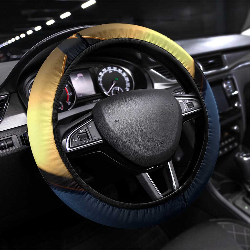 Angry Bowling Ball and Pins Steering Wheel Cover with Blue and Gold Metallic Stripe Graphic Design - Wonder Print Shop