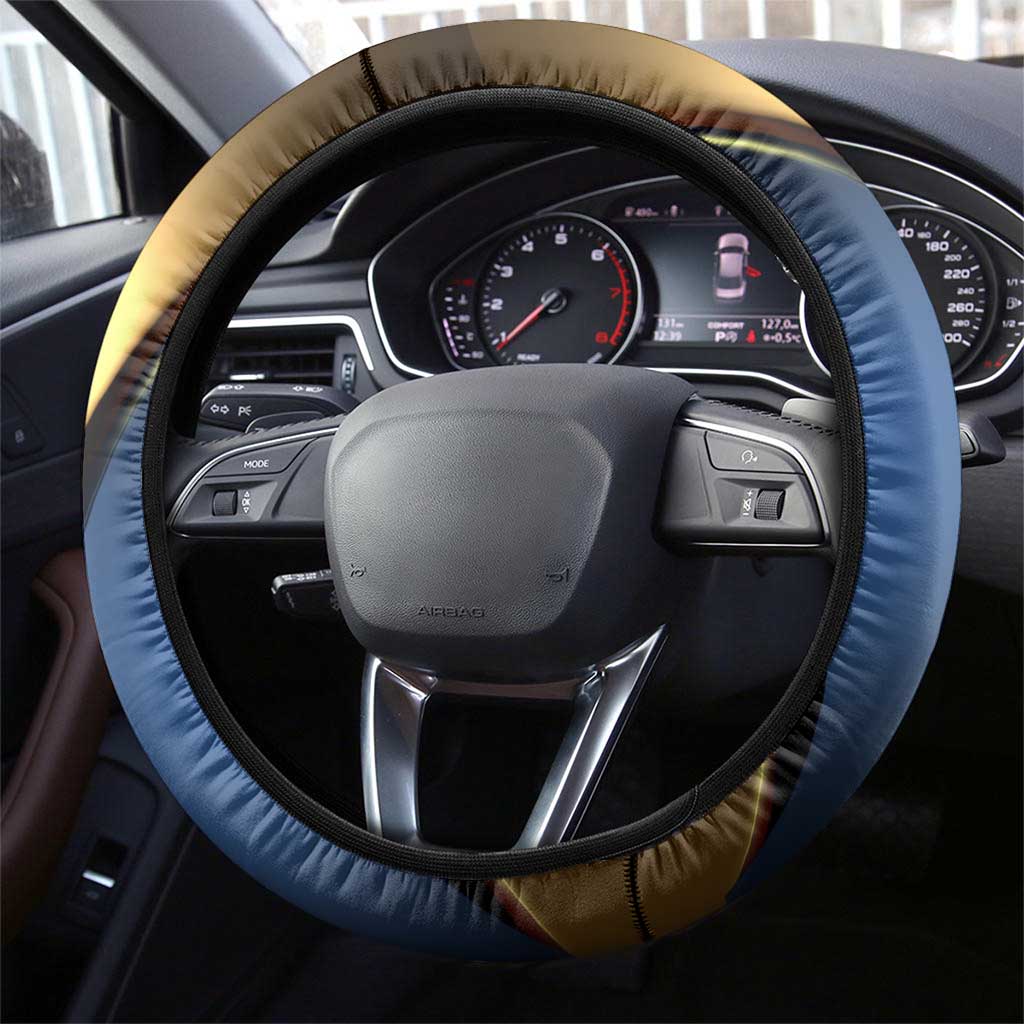 Angry Bowling Ball and Pins Steering Wheel Cover with Blue and Gold Metallic Stripe Graphic Design - Wonder Print Shop
