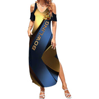 Angry Bowling Ball and Pins Summer Maxi Dress with Blue and Gold Metallic Stripe Graphic Design - Wonder Print Shop