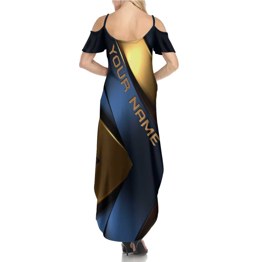 Angry Bowling Ball and Pins Summer Maxi Dress with Blue and Gold Metallic Stripe Graphic Design - Wonder Print Shop