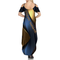 Angry Bowling Ball and Pins Summer Maxi Dress with Blue and Gold Metallic Stripe Graphic Design - Wonder Print Shop