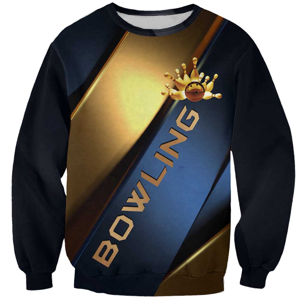 Angry Bowling Ball and Pins Sweatshirt with Blue and Gold Metallic Stripe Graphic Design - Wonder Print Shop