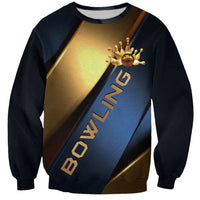 Angry Bowling Ball and Pins Sweatshirt with Blue and Gold Metallic Stripe Graphic Design - Wonder Print Shop