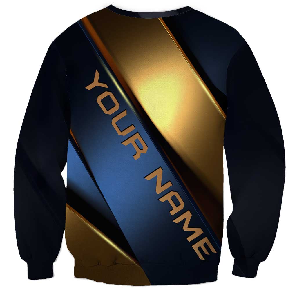 Angry Bowling Ball and Pins Sweatshirt with Blue and Gold Metallic Stripe Graphic Design - Wonder Print Shop