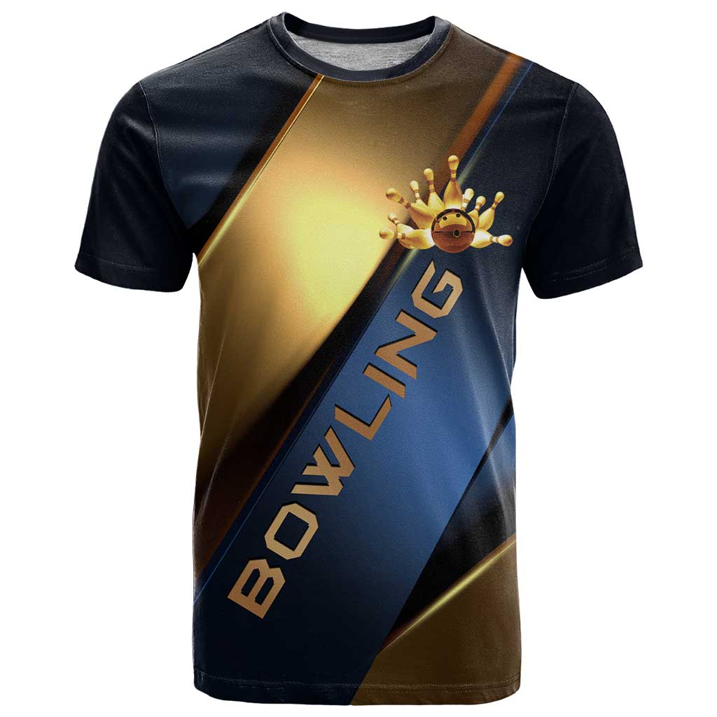 Angry Bowling Ball and Pins T Shirt with Blue and Gold Metallic Stripe Graphic Design - Wonder Print Shop