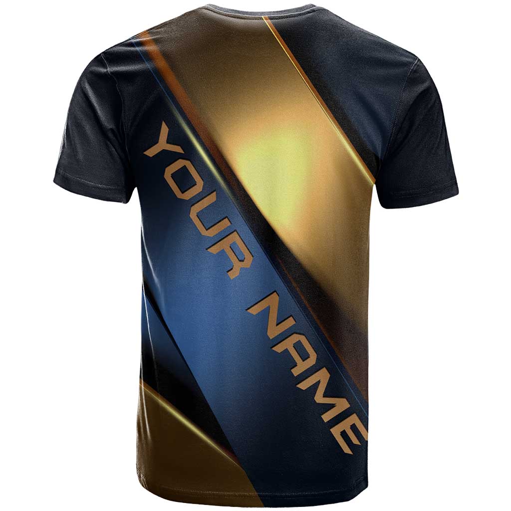 Angry Bowling Ball and Pins T Shirt with Blue and Gold Metallic Stripe Graphic Design - Wonder Print Shop