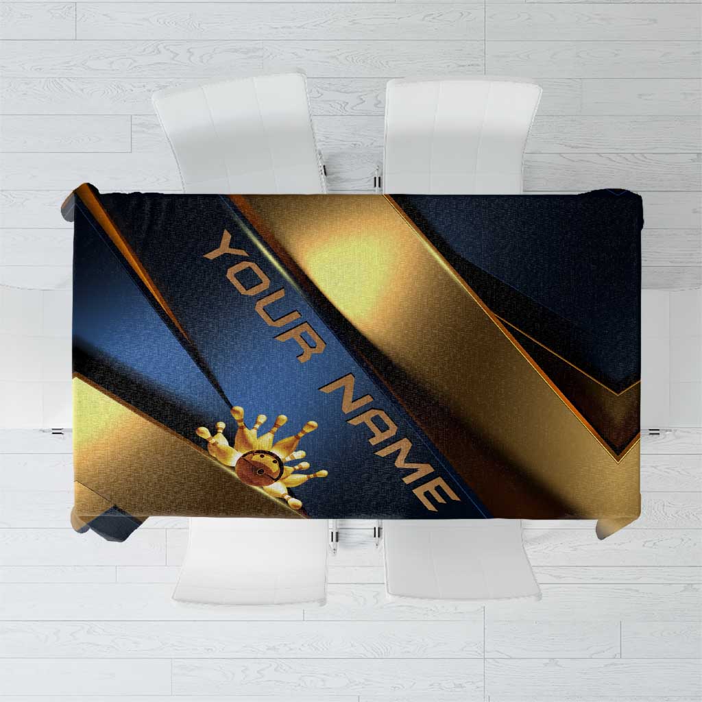 Angry Bowling Ball and Pins Tablecloth with Blue and Gold Metallic Stripe Graphic Design - Wonder Print Shop