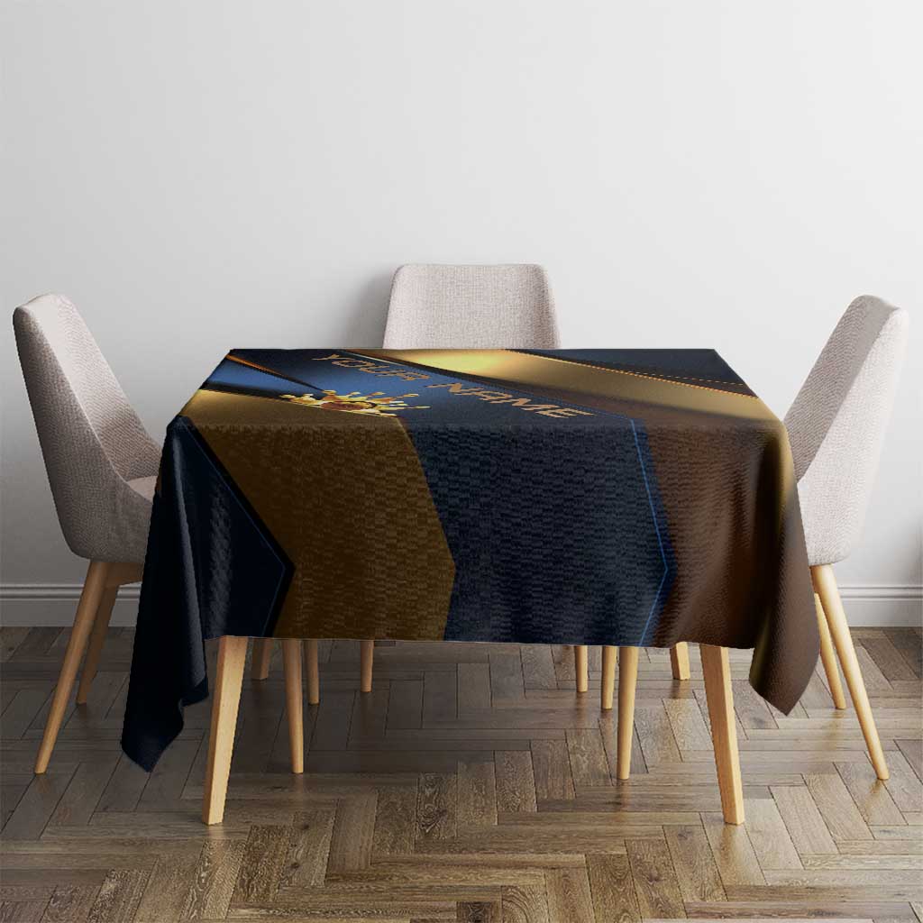 Angry Bowling Ball and Pins Tablecloth with Blue and Gold Metallic Stripe Graphic Design - Wonder Print Shop