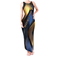 Angry Bowling Ball and Pins Tank Maxi Dress with Blue and Gold Metallic Stripe Graphic Design - Wonder Print Shop