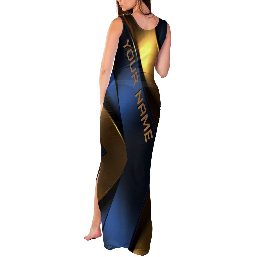 Angry Bowling Ball and Pins Tank Maxi Dress with Blue and Gold Metallic Stripe Graphic Design - Wonder Print Shop