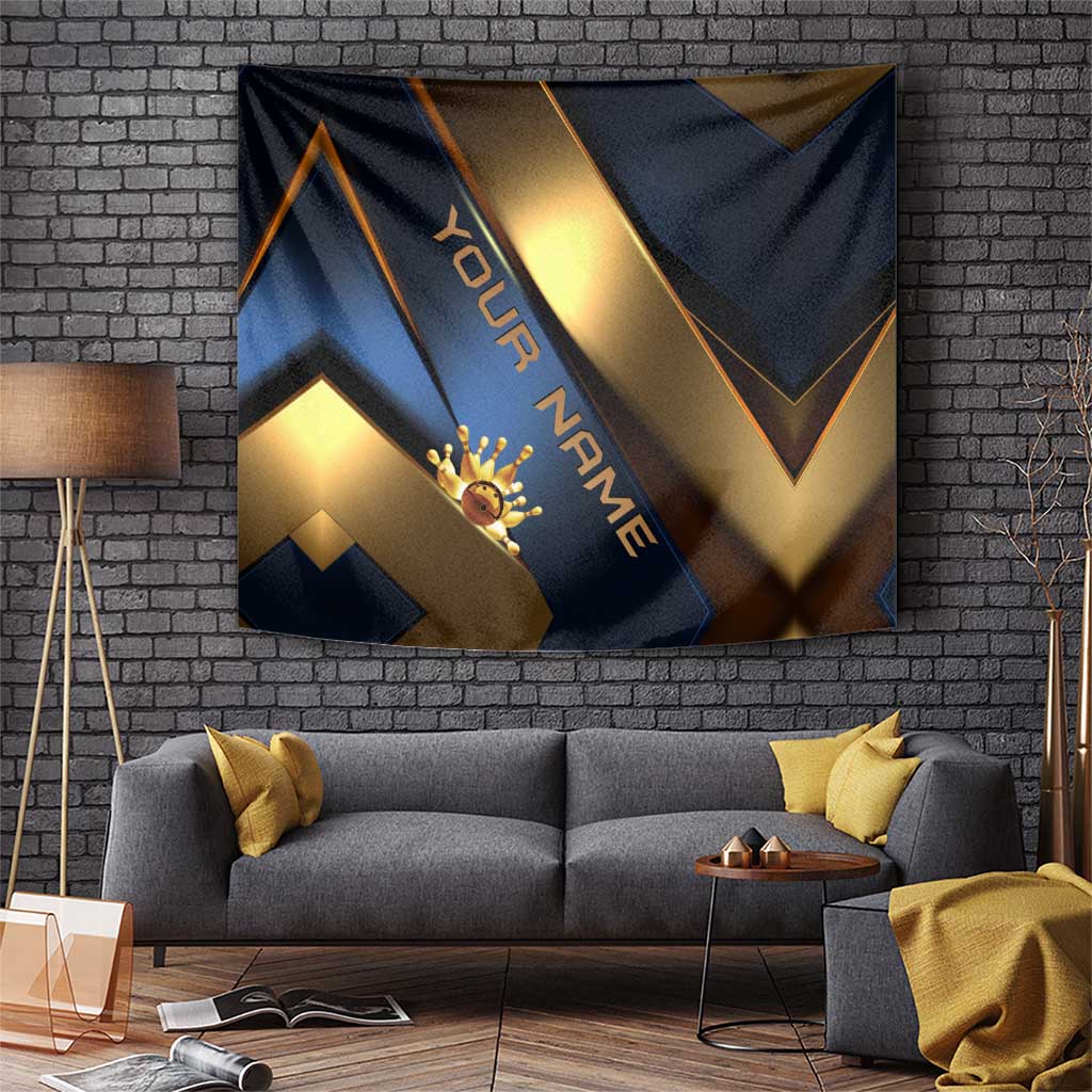 Angry Bowling Ball and Pins Tapestry with Blue and Gold Metallic Stripe Graphic Design - Wonder Print Shop