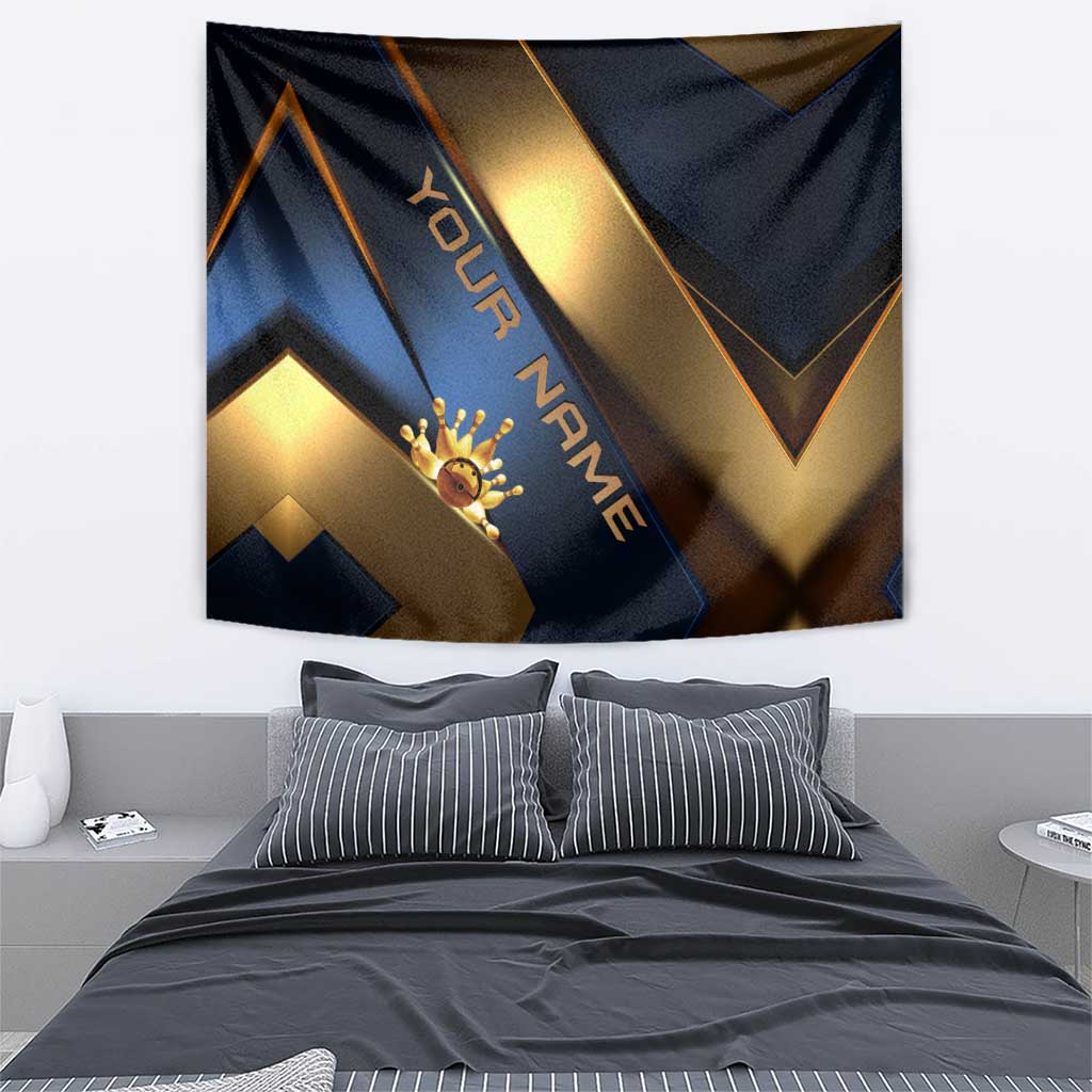Angry Bowling Ball and Pins Tapestry with Blue and Gold Metallic Stripe Graphic Design - Wonder Print Shop
