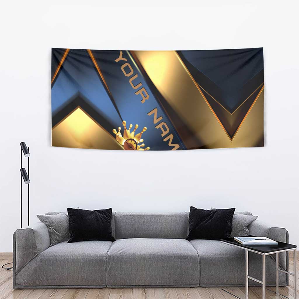 Angry Bowling Ball and Pins Tapestry with Blue and Gold Metallic Stripe Graphic Design - Wonder Print Shop