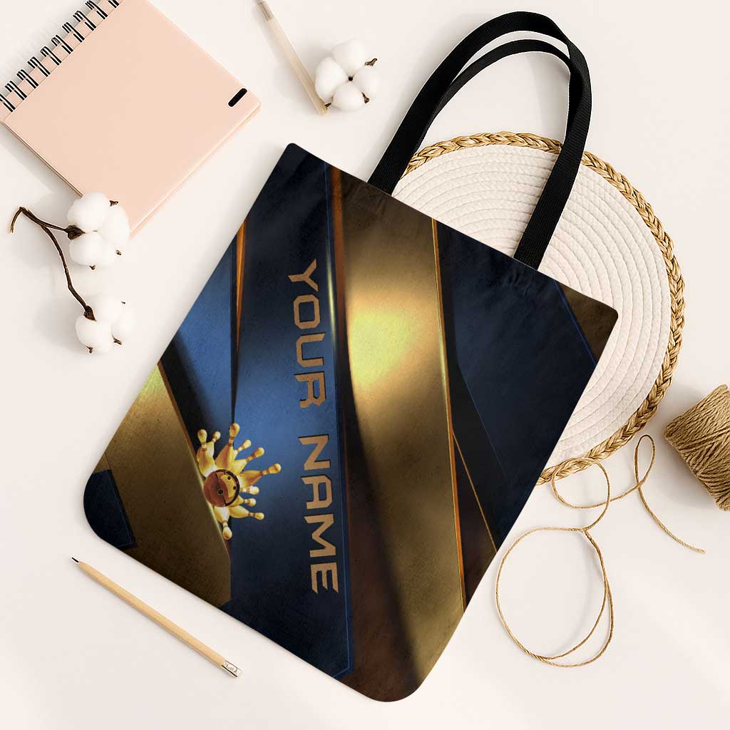 Angry Bowling Ball and Pins Tote Bag with Blue and Gold Metallic Stripe Graphic Design - Wonder Print Shop