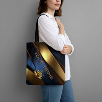 Angry Bowling Ball and Pins Tote Bag with Blue and Gold Metallic Stripe Graphic Design - Wonder Print Shop