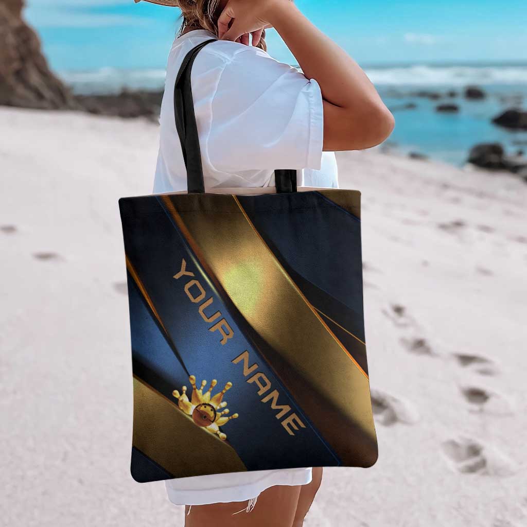 Angry Bowling Ball and Pins Tote Bag with Blue and Gold Metallic Stripe Graphic Design - Wonder Print Shop