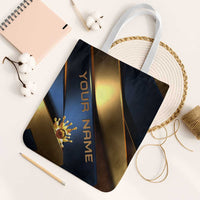 Angry Bowling Ball and Pins Tote Bag with Blue and Gold Metallic Stripe Graphic Design - Wonder Print Shop