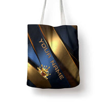 Angry Bowling Ball and Pins Tote Bag with Blue and Gold Metallic Stripe Graphic Design - Wonder Print Shop