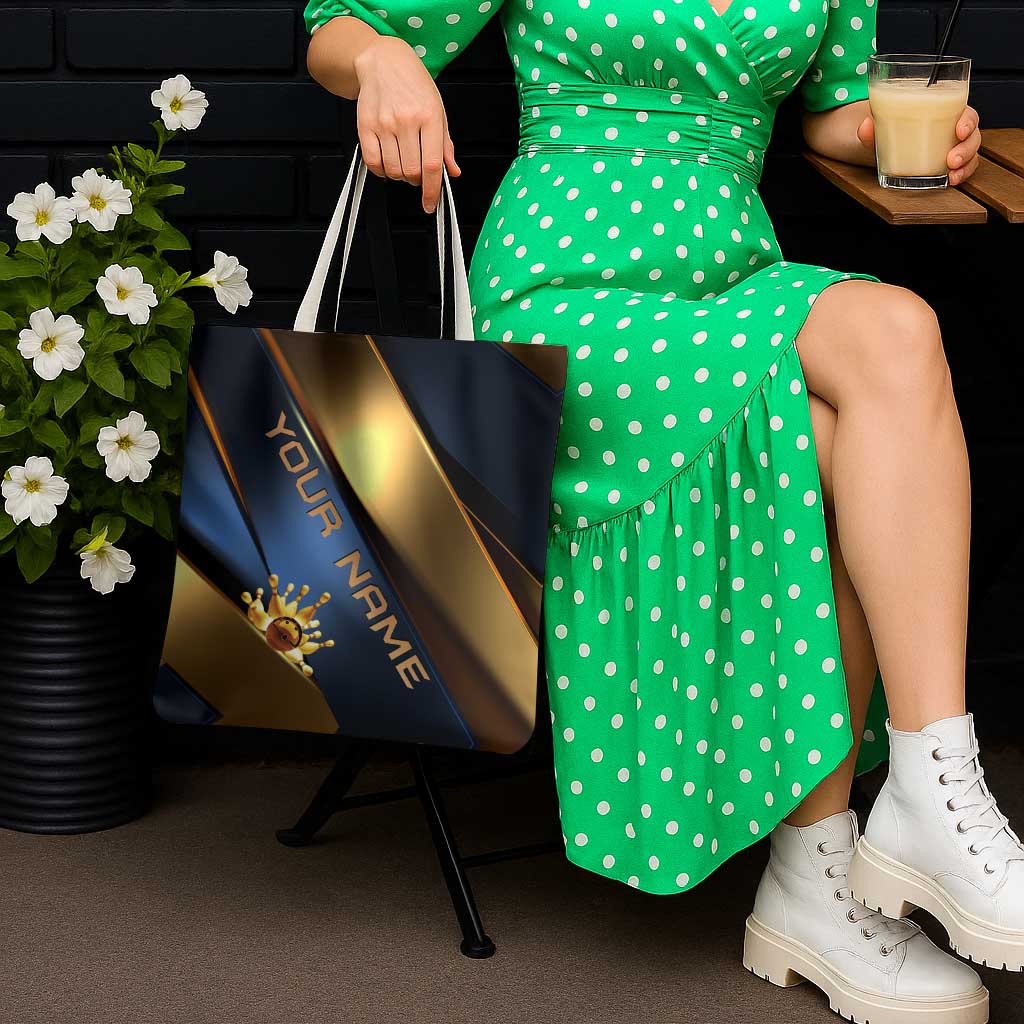 Angry Bowling Ball and Pins Tote Bag with Blue and Gold Metallic Stripe Graphic Design - Wonder Print Shop