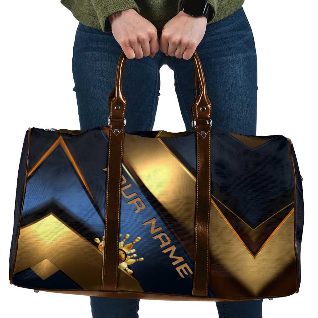 Angry Bowling Ball and Pins Travel Bag with Blue and Gold Metallic Stripe Graphic Design - Wonder Print Shop