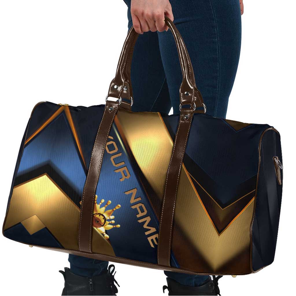 Angry Bowling Ball and Pins Travel Bag with Blue and Gold Metallic Stripe Graphic Design - Wonder Print Shop