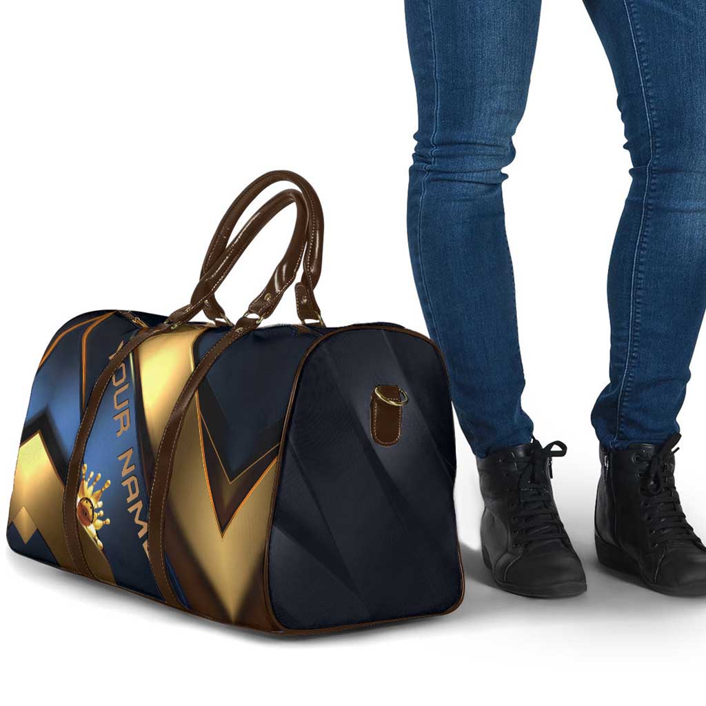 Angry Bowling Ball and Pins Travel Bag with Blue and Gold Metallic Stripe Graphic Design - Wonder Print Shop