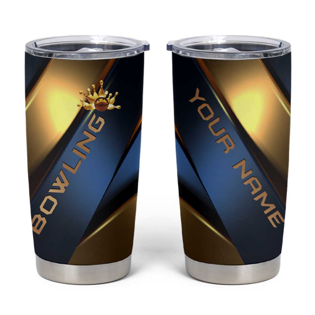 Angry Bowling Ball and Pins Tumbler Cup with Blue and Gold Metallic Stripe Graphic Design - Wonder Print Shop