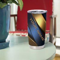 Angry Bowling Ball and Pins Tumbler Cup with Blue and Gold Metallic Stripe Graphic Design - Wonder Print Shop