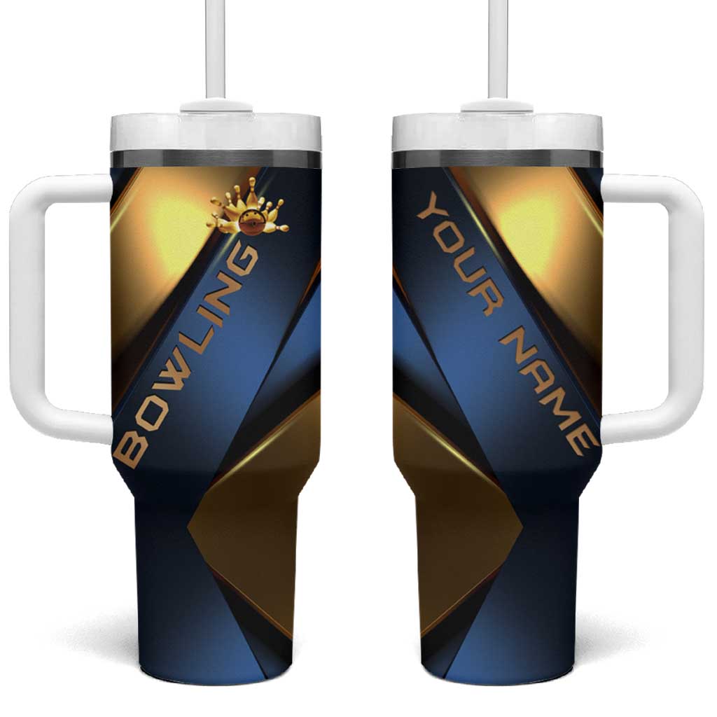 Angry Bowling Ball and Pins Tumbler With Handle with Blue and Gold Metallic Stripe Graphic Design - Wonder Print Shop