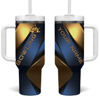 Angry Bowling Ball and Pins Tumbler With Handle with Blue and Gold Metallic Stripe Graphic Design - Wonder Print Shop