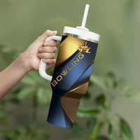 Angry Bowling Ball and Pins Tumbler With Handle with Blue and Gold Metallic Stripe Graphic Design - Wonder Print Shop