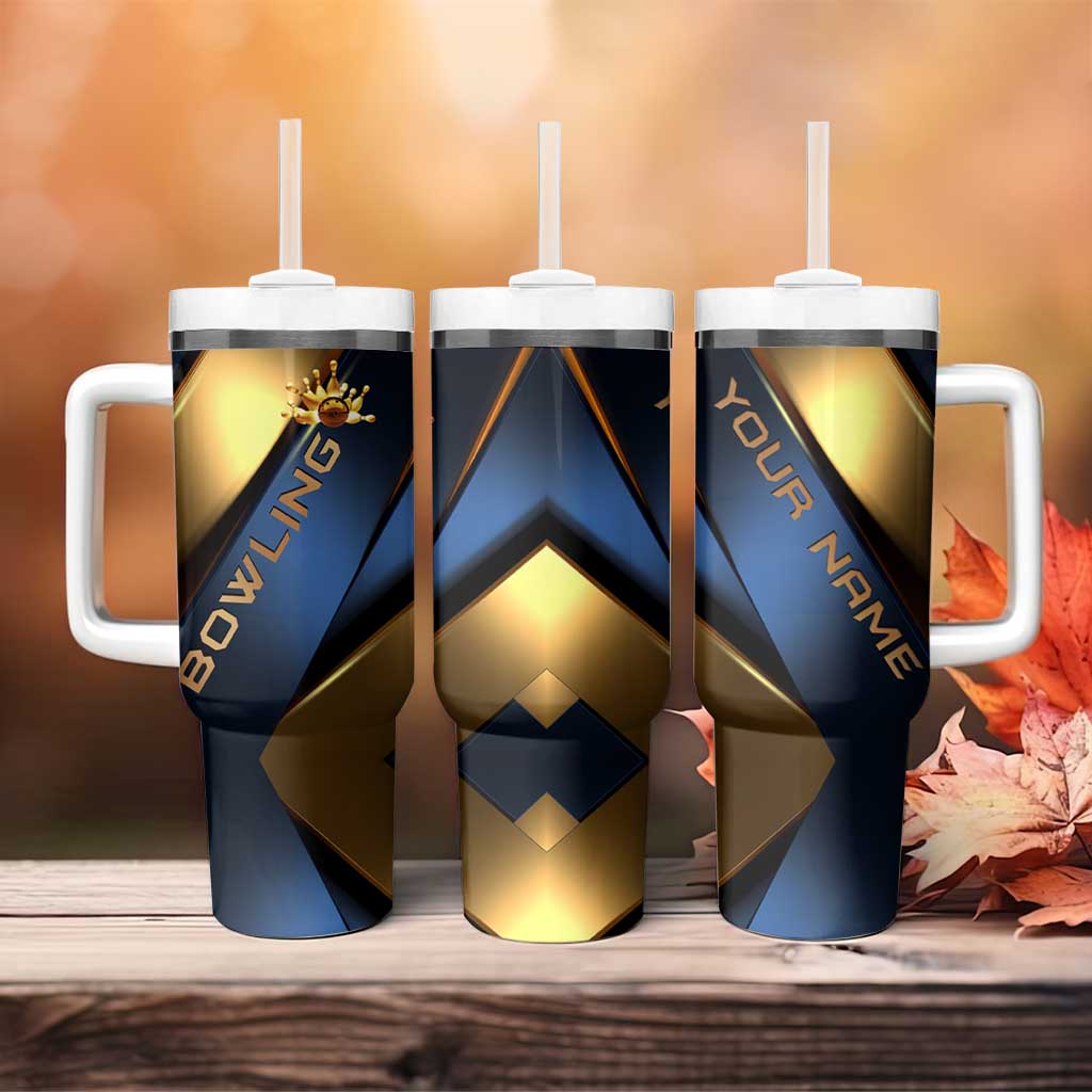 Angry Bowling Ball and Pins Tumbler With Handle with Blue and Gold Metallic Stripe Graphic Design - Wonder Print Shop