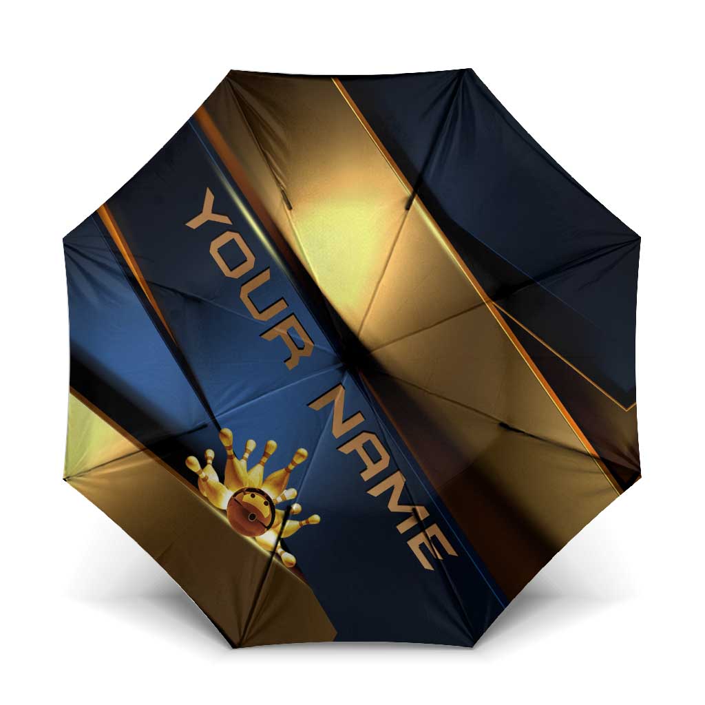 Angry Bowling Ball and Pins Umbrella with Blue and Gold Metallic Stripe Graphic Design - Wonder Print Shop