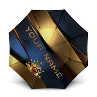 Angry Bowling Ball and Pins Umbrella with Blue and Gold Metallic Stripe Graphic Design - Wonder Print Shop