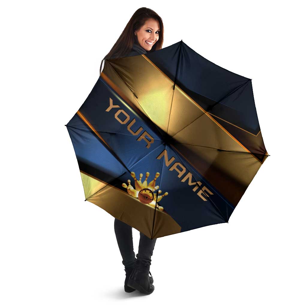 Angry Bowling Ball and Pins Umbrella with Blue and Gold Metallic Stripe Graphic Design - Wonder Print Shop