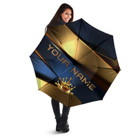 Angry Bowling Ball and Pins Umbrella with Blue and Gold Metallic Stripe Graphic Design - Wonder Print Shop