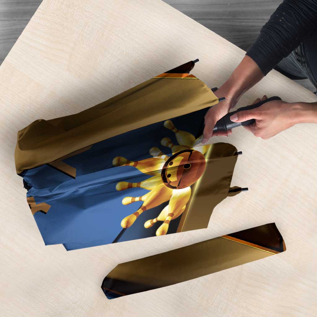 Angry Bowling Ball and Pins Umbrella with Blue and Gold Metallic Stripe Graphic Design - Wonder Print Shop