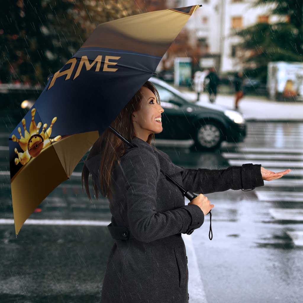 Angry Bowling Ball and Pins Umbrella with Blue and Gold Metallic Stripe Graphic Design - Wonder Print Shop