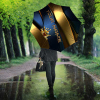 Angry Bowling Ball and Pins Umbrella with Blue and Gold Metallic Stripe Graphic Design - Wonder Print Shop