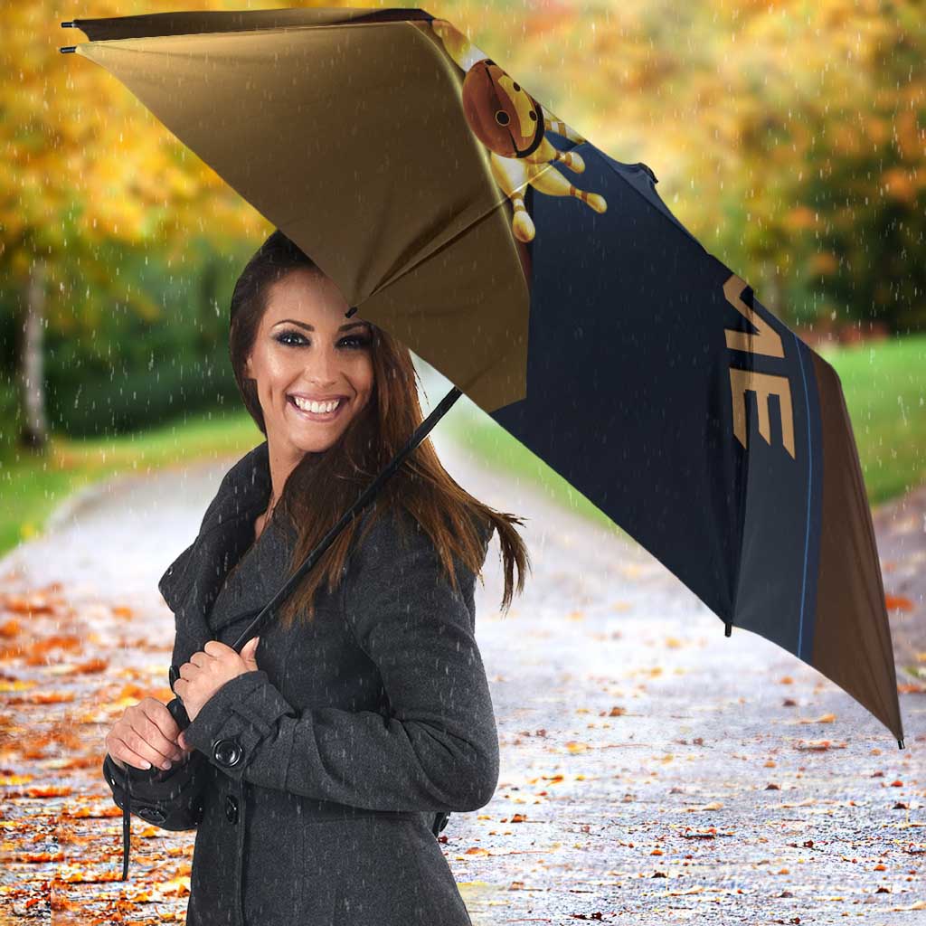 Angry Bowling Ball and Pins Umbrella with Blue and Gold Metallic Stripe Graphic Design - Wonder Print Shop