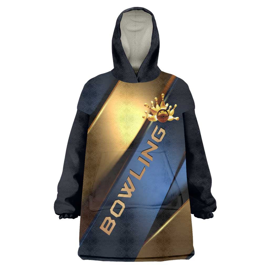 Angry Bowling Ball and Pins Wearable Blanket Hoodie with Blue and Gold Metallic Stripe Graphic Design - Wonder Print Shop