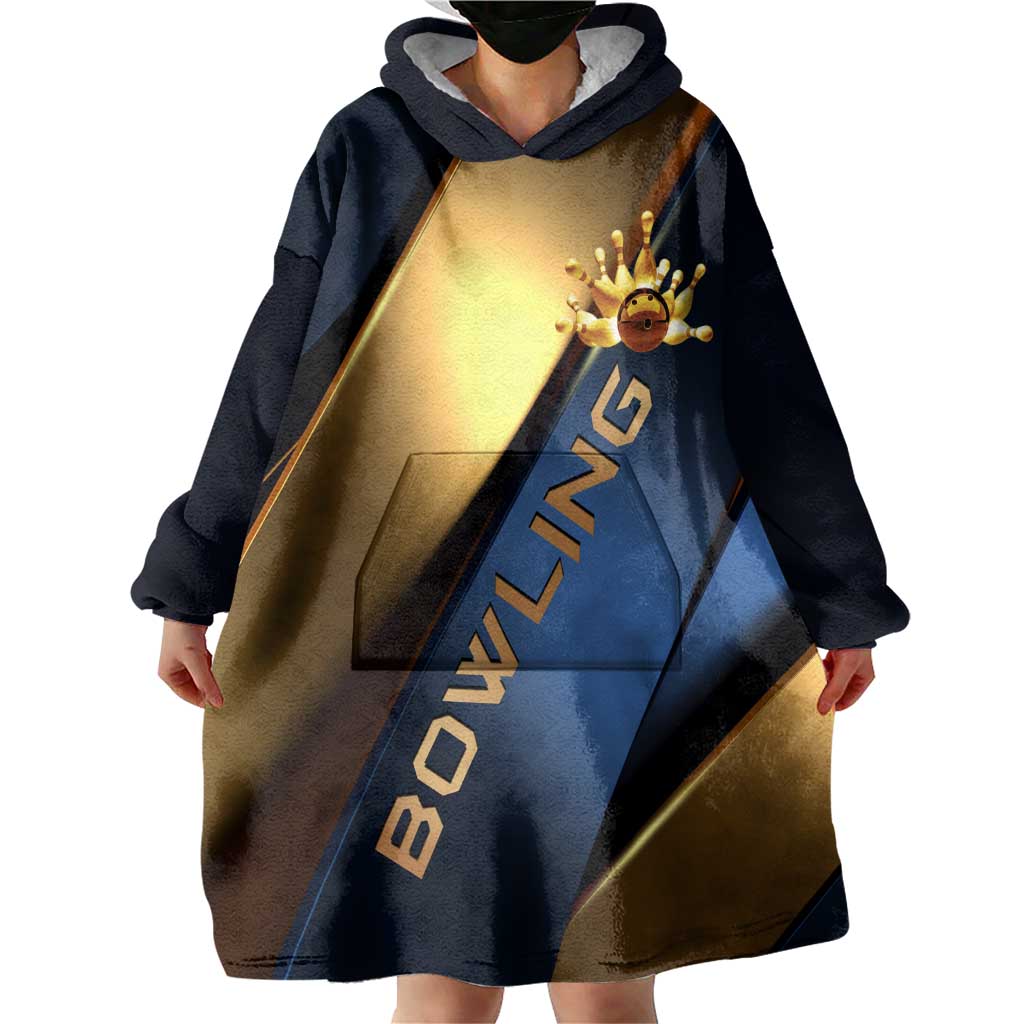 Angry Bowling Ball and Pins Wearable Blanket Hoodie with Blue and Gold Metallic Stripe Graphic Design - Wonder Print Shop