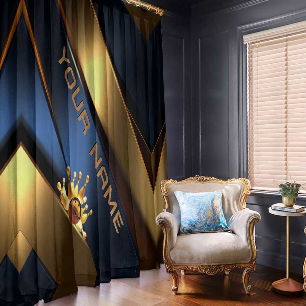 Angry Bowling Ball and Pins Window Curtain with Blue and Gold Metallic Stripe Graphic Design - Wonder Print Shop