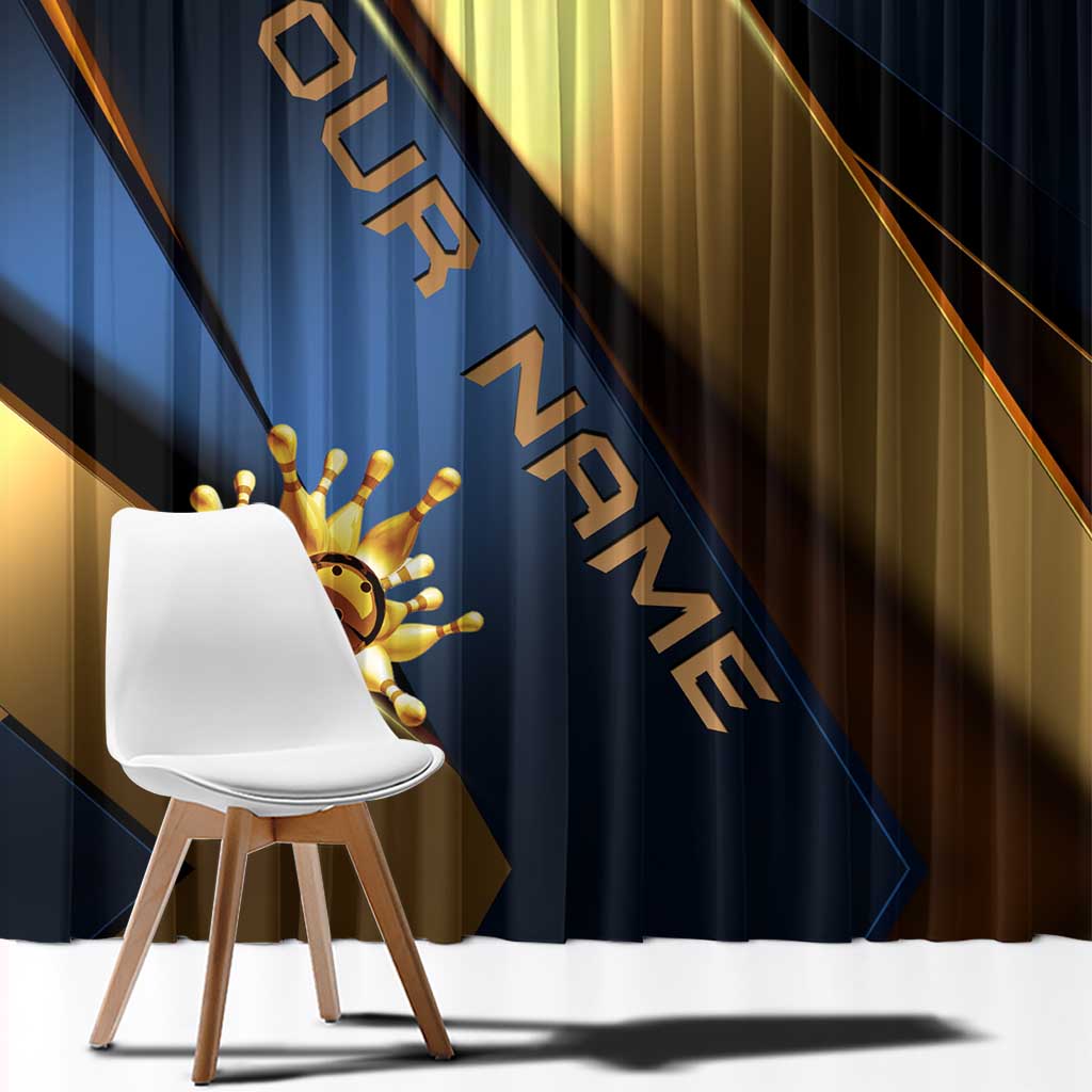 Angry Bowling Ball and Pins Window Curtain with Blue and Gold Metallic Stripe Graphic Design - Wonder Print Shop