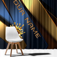 Angry Bowling Ball and Pins Window Curtain with Blue and Gold Metallic Stripe Graphic Design - Wonder Print Shop