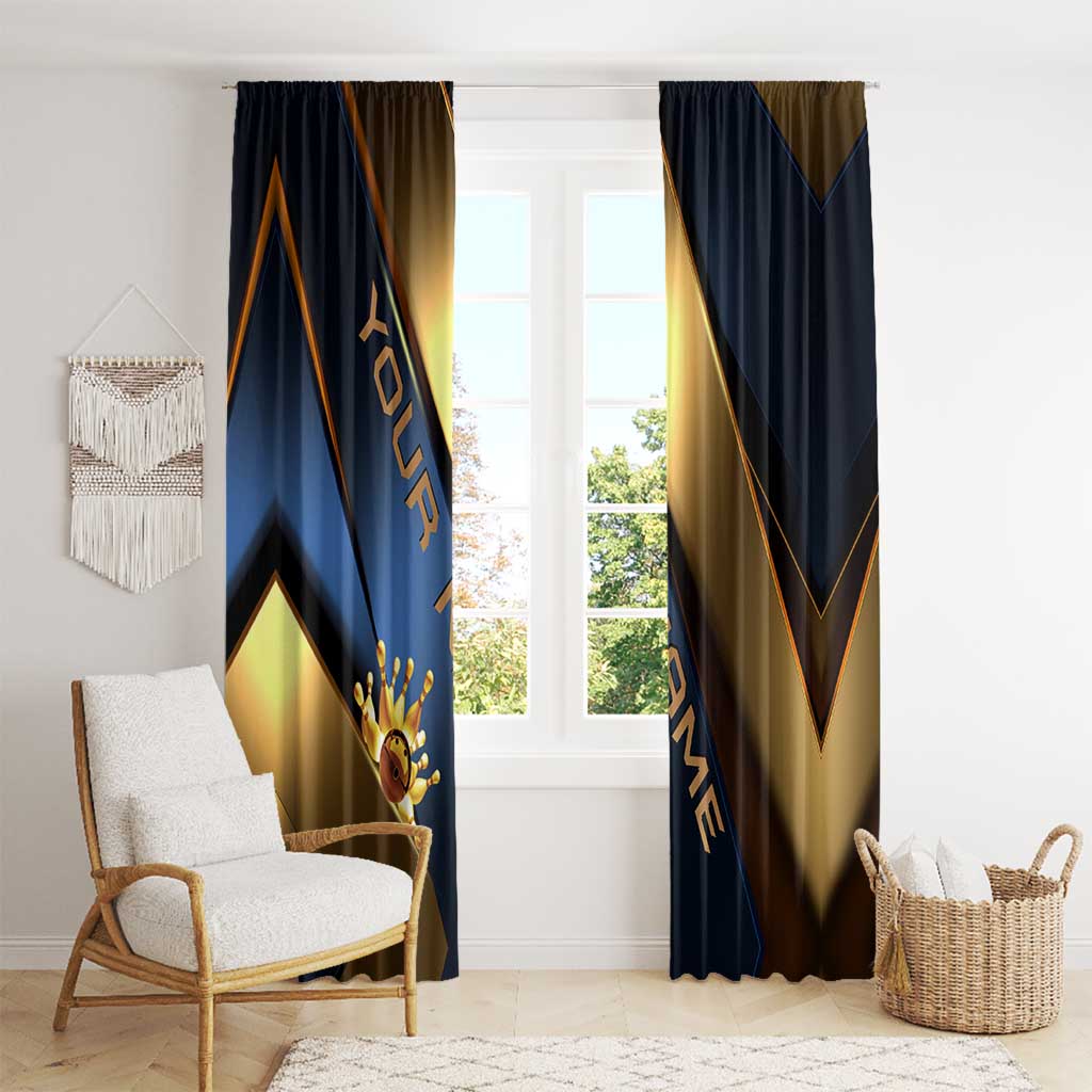 Angry Bowling Ball and Pins Window Curtain with Blue and Gold Metallic Stripe Graphic Design - Wonder Print Shop