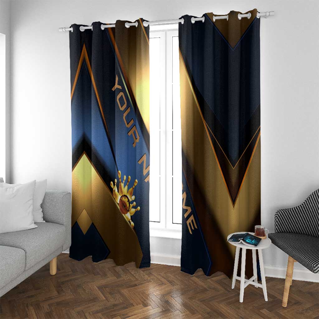 Angry Bowling Ball and Pins Window Curtain with Blue and Gold Metallic Stripe Graphic Design - Wonder Print Shop