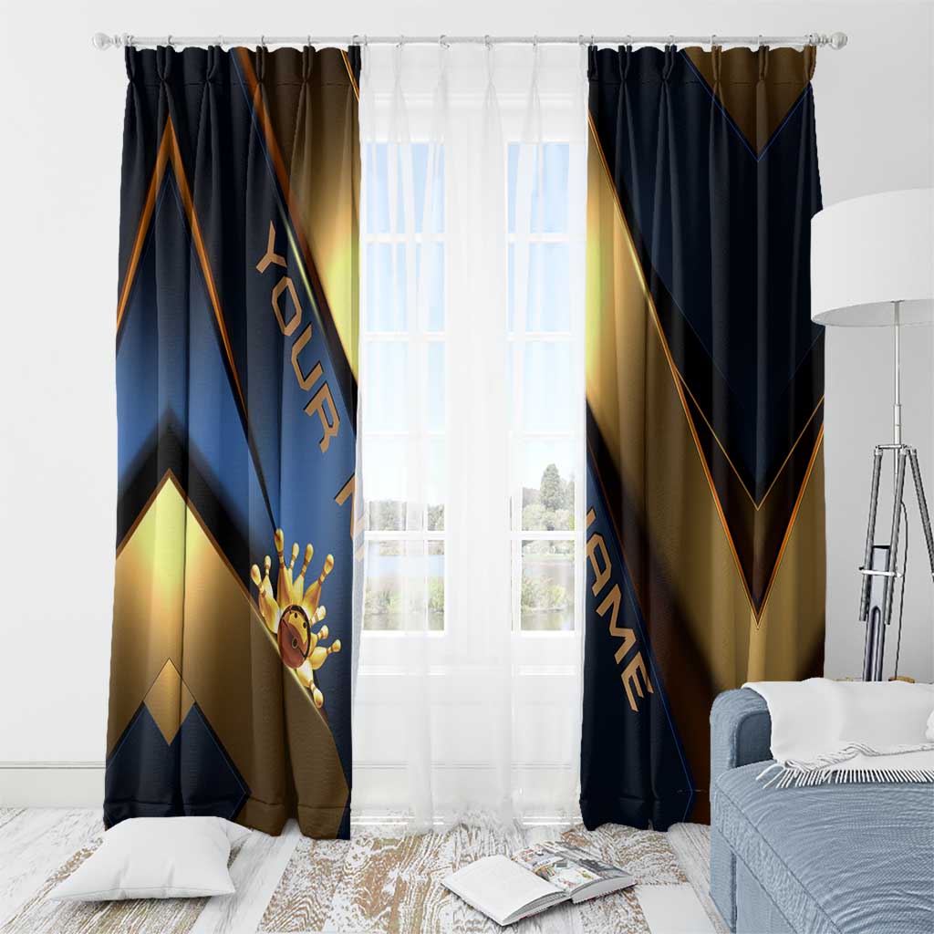 Angry Bowling Ball and Pins Window Curtain with Blue and Gold Metallic Stripe Graphic Design - Wonder Print Shop